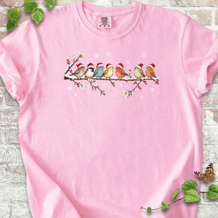 Seven Santa Songbirds On Snowy Blossom Branch T-Shirt in Blossom – PlotlyGarden