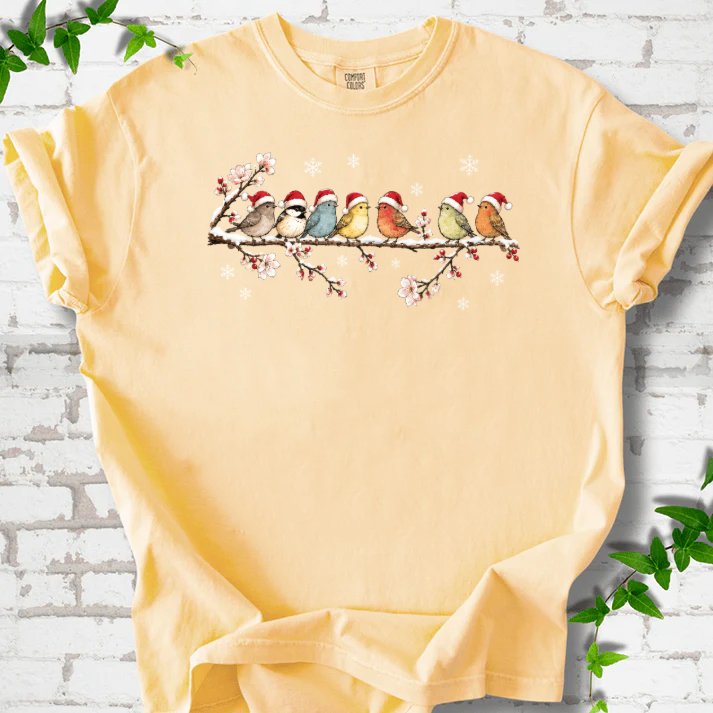 Seven Santa Songbirds On Snowy Blossom Branch T-Shirt in Butter – PlotlyGarden