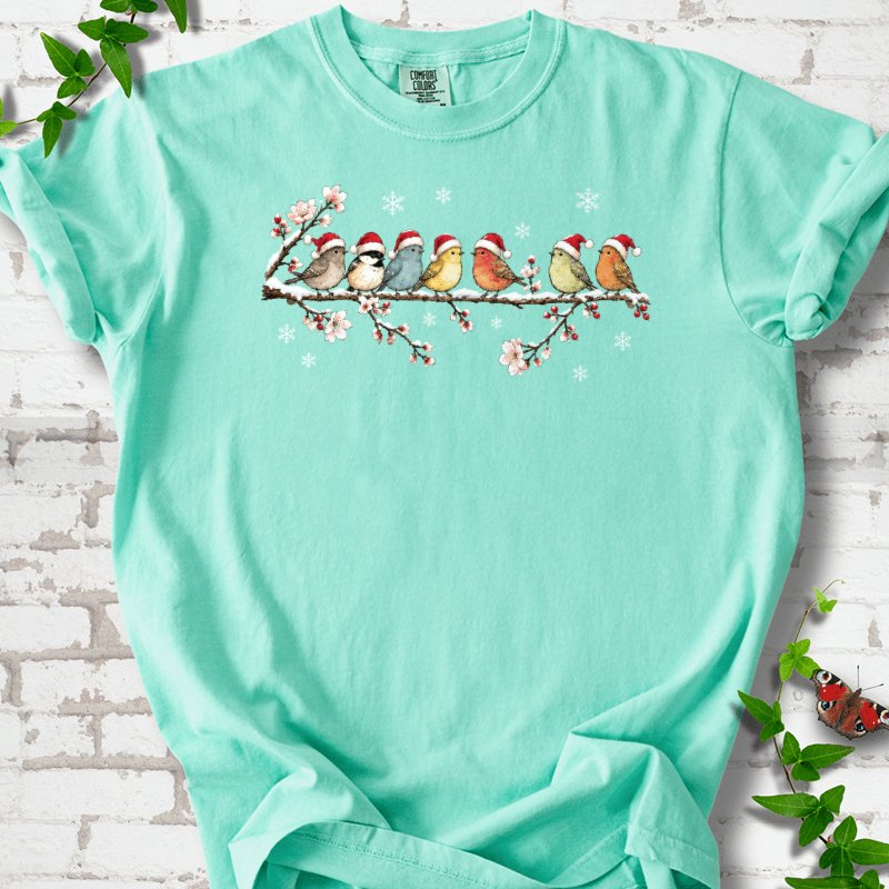 Seven Santa Songbirds On Snowy Blossom Branch T-Shirt in Island Reef – PlotlyGarden