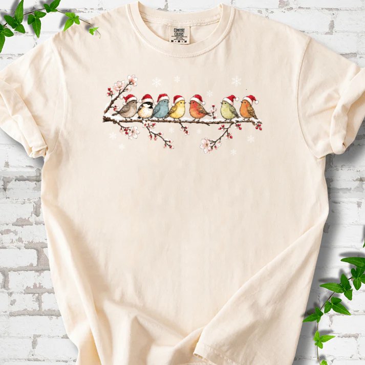 Seven Santa Songbirds On Snowy Blossom Branch T-Shirt in Ivory – PlotlyGarden