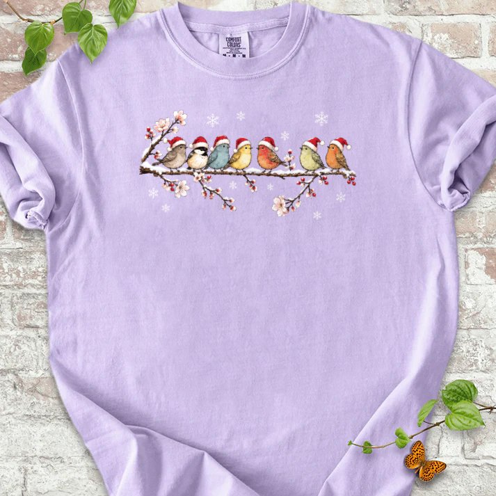 Seven Santa Songbirds On Snowy Blossom Branch T-Shirt in Orchid – PlotlyGarden
