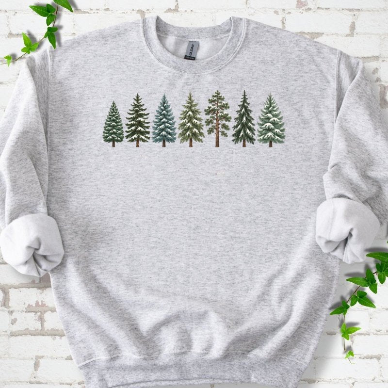 Seven Snow Dusted Conifers In A Row Sweatshirt in Ash – PlotlyGarden