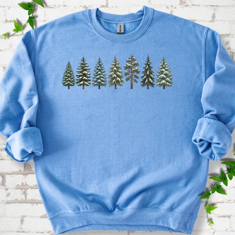 Seven Snow Dusted Conifers In A Row Sweatshirt in Carolina Blue – PlotlyGarden