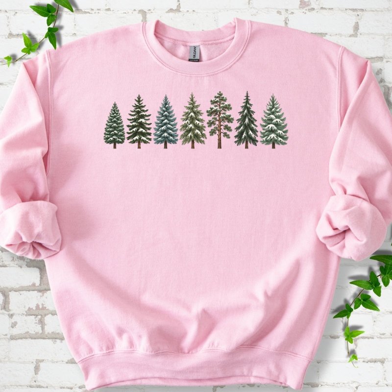 Seven Snow Dusted Conifers In A Row Sweatshirt in Light Pink – PlotlyGarden