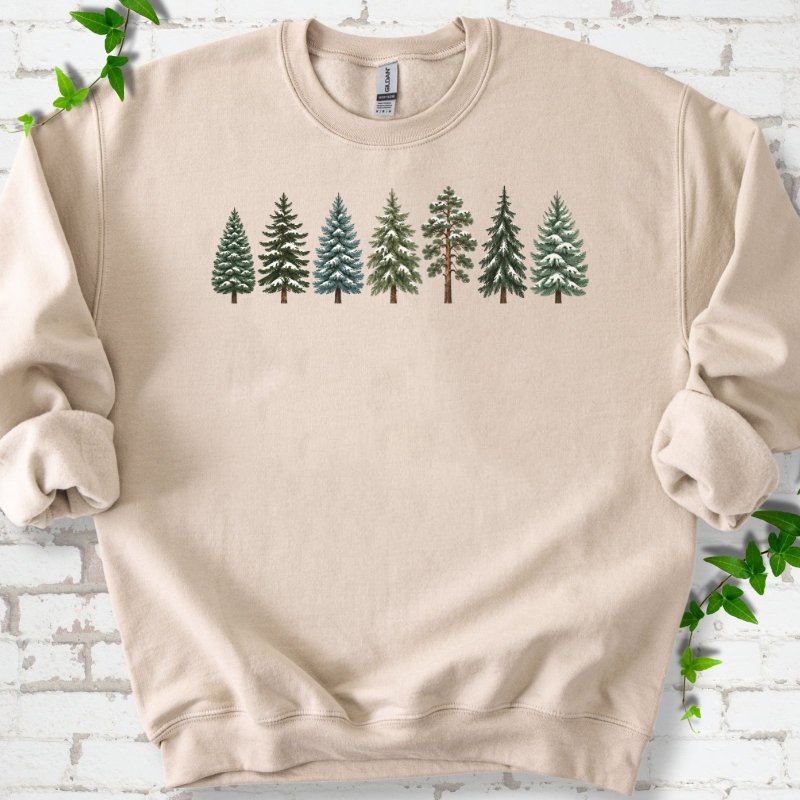 Seven Snow Dusted Conifers In A Row Sweatshirt in Sand – PlotlyGarden