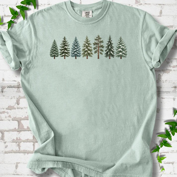 Seven Snow Dusted Conifers In A Row T-Shirt in Bay – PlotlyGarden