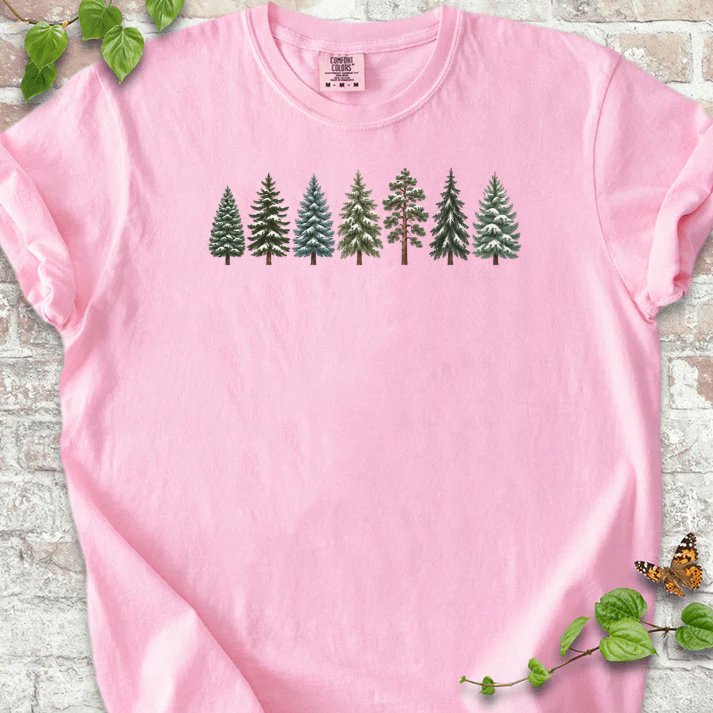 Seven Snow Dusted Conifers In A Row T-Shirt in Blossom – PlotlyGarden