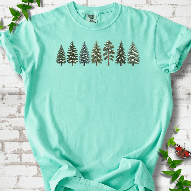 Seven Snow Dusted Conifers In A Row T-Shirt in Island Reef – PlotlyGarden