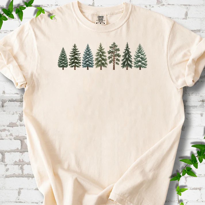 Seven Snow Dusted Conifers In A Row T-Shirt in Ivory – PlotlyGarden