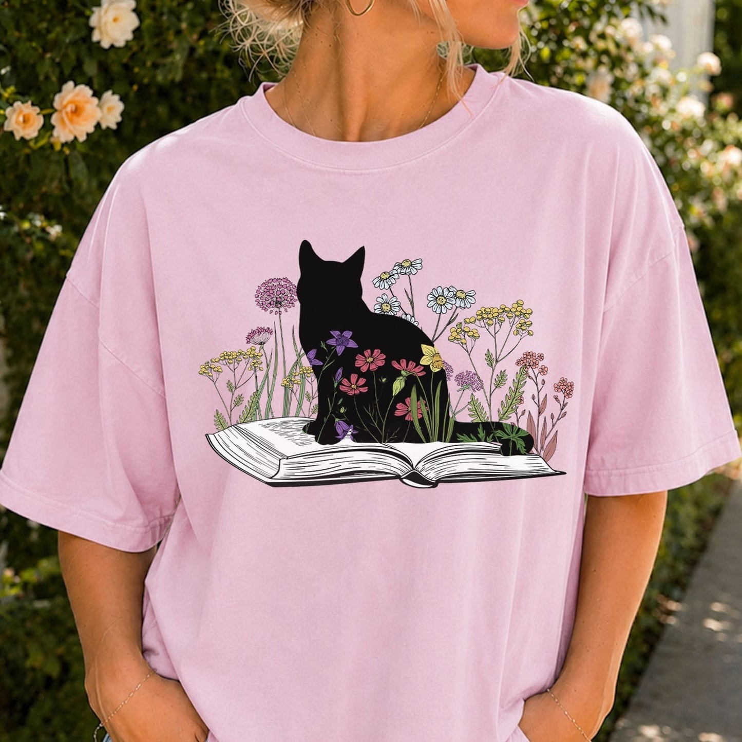 Black Cat Book in the Garden T-Shirt