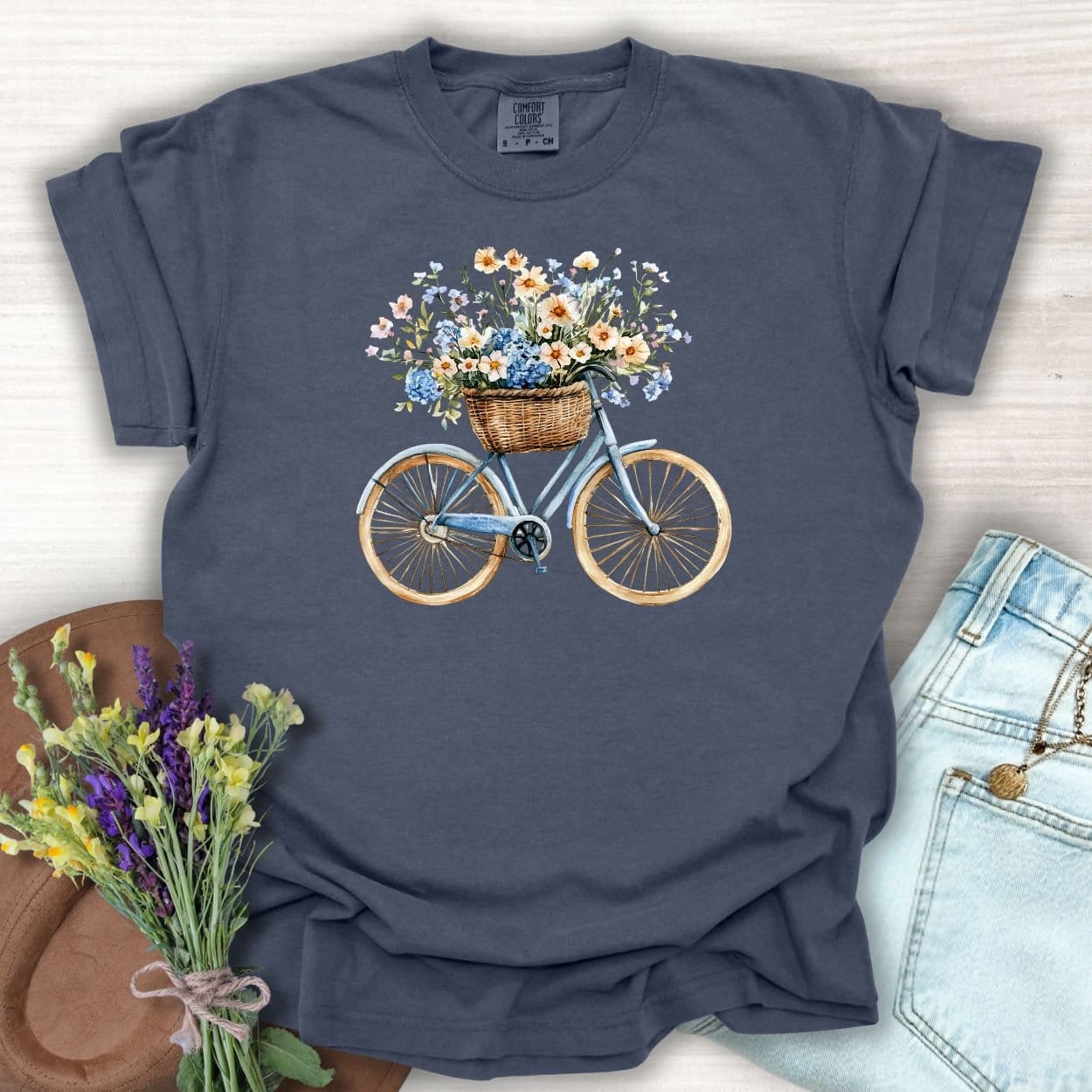 Vintage Bicycle with Basket of Wildflowers T-Shirt