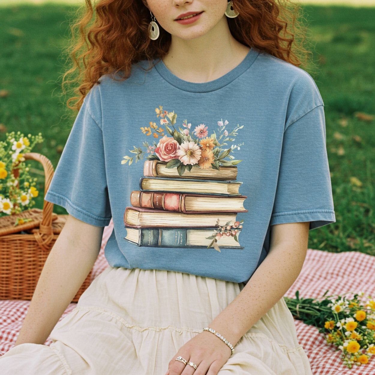 Vintage Books & Summer Flowers T-Shirt