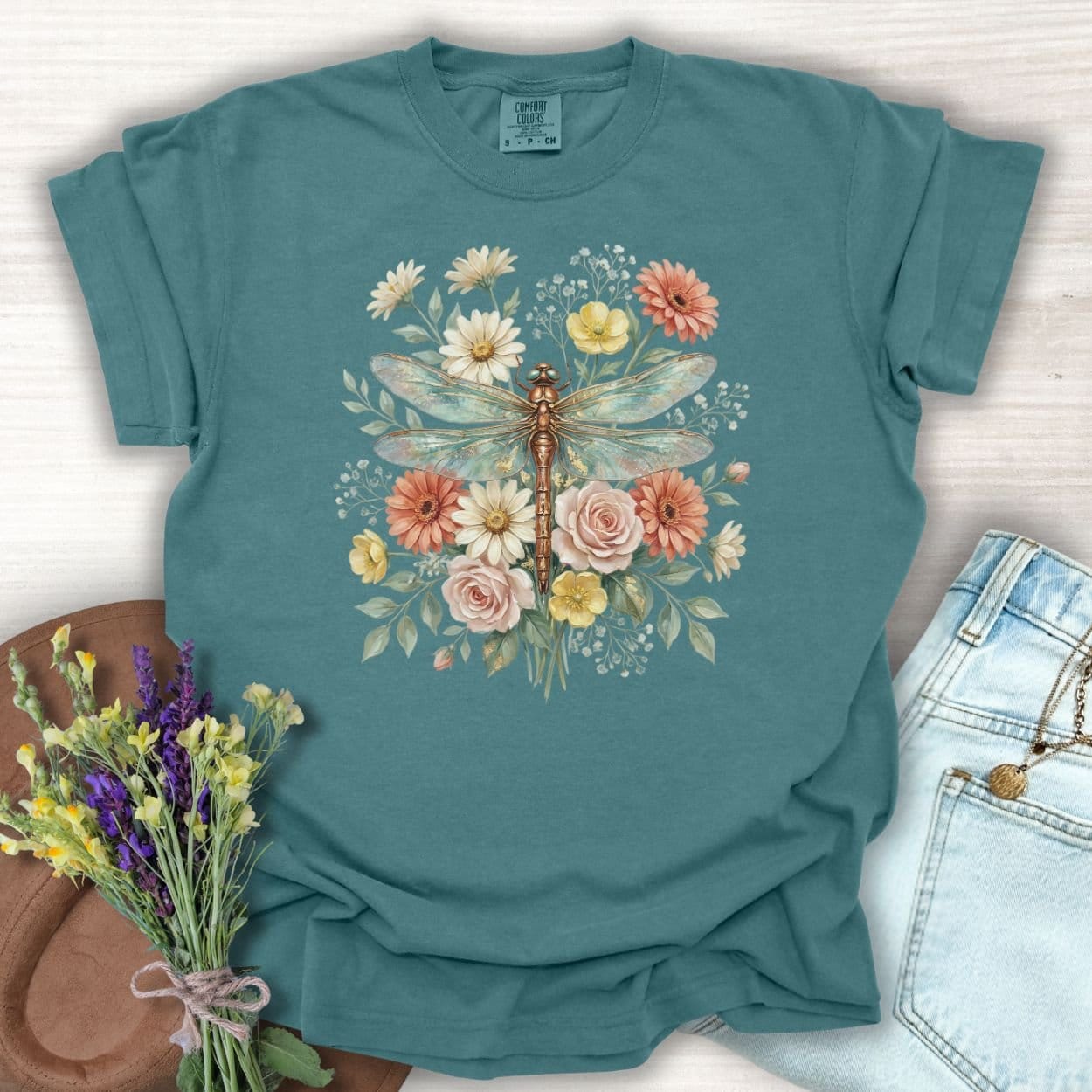 Vintage Floral Dragonfly T-Shirt