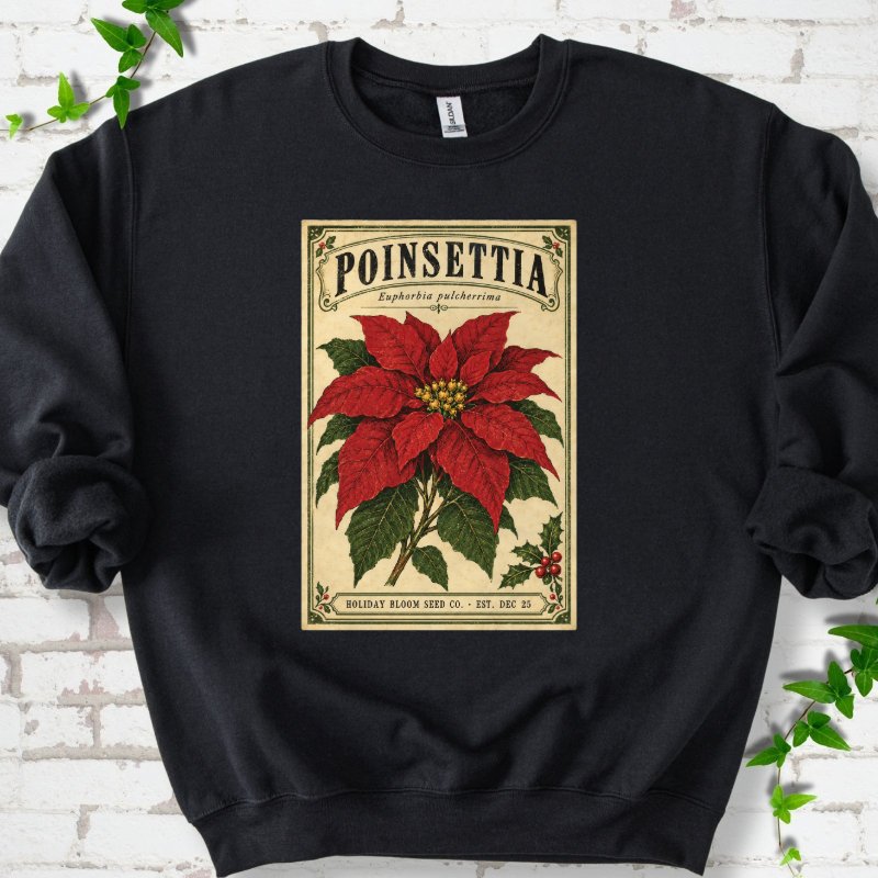 Vintage Poinsettia Seed Packet Sweatshirt in Black – PlotlyGarden