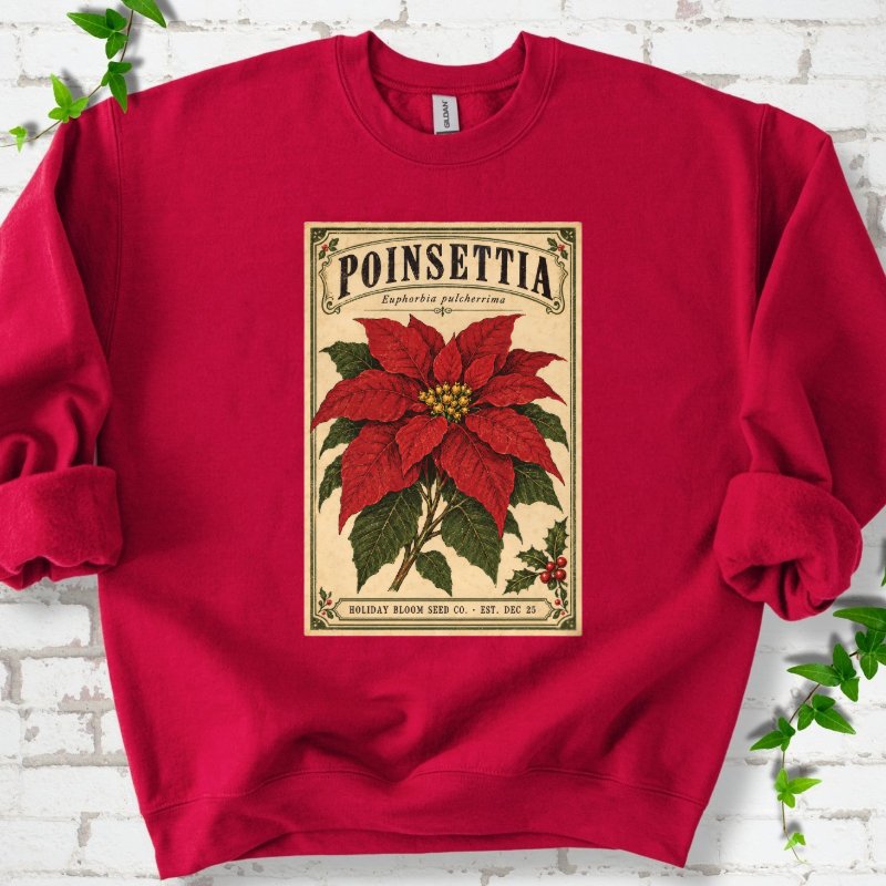 Vintage Poinsettia Seed Packet Sweatshirt in Cardinal Red – PlotlyGarden