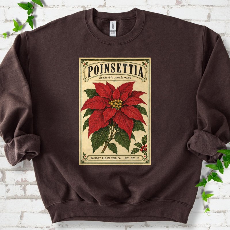 Vintage Poinsettia Seed Packet Sweatshirt in Dark Chocolate – PlotlyGarden