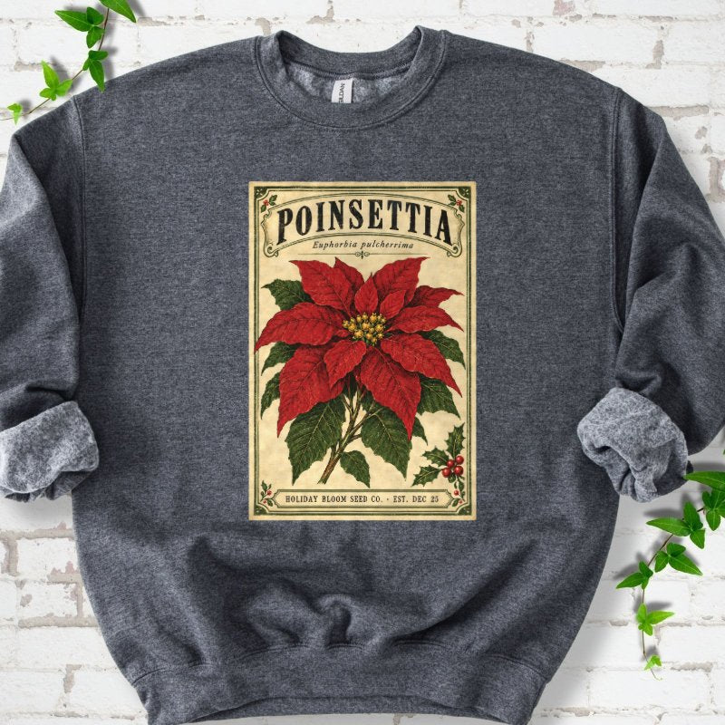 Vintage Poinsettia Seed Packet Sweatshirt in Dark Heather – PlotlyGarden