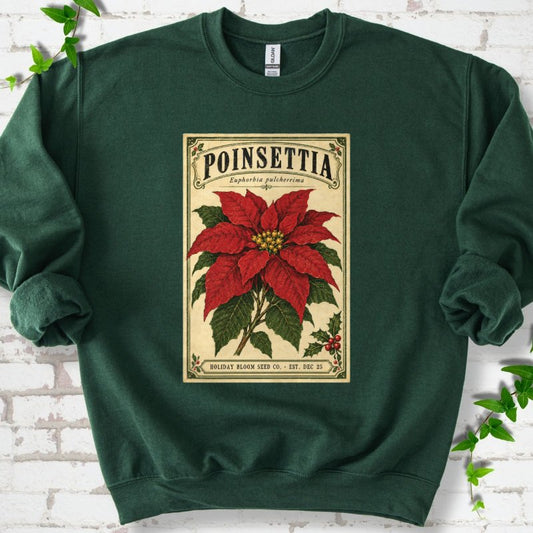 Vintage Poinsettia Seed Packet Sweatshirt in Forest Green – PlotlyGarden