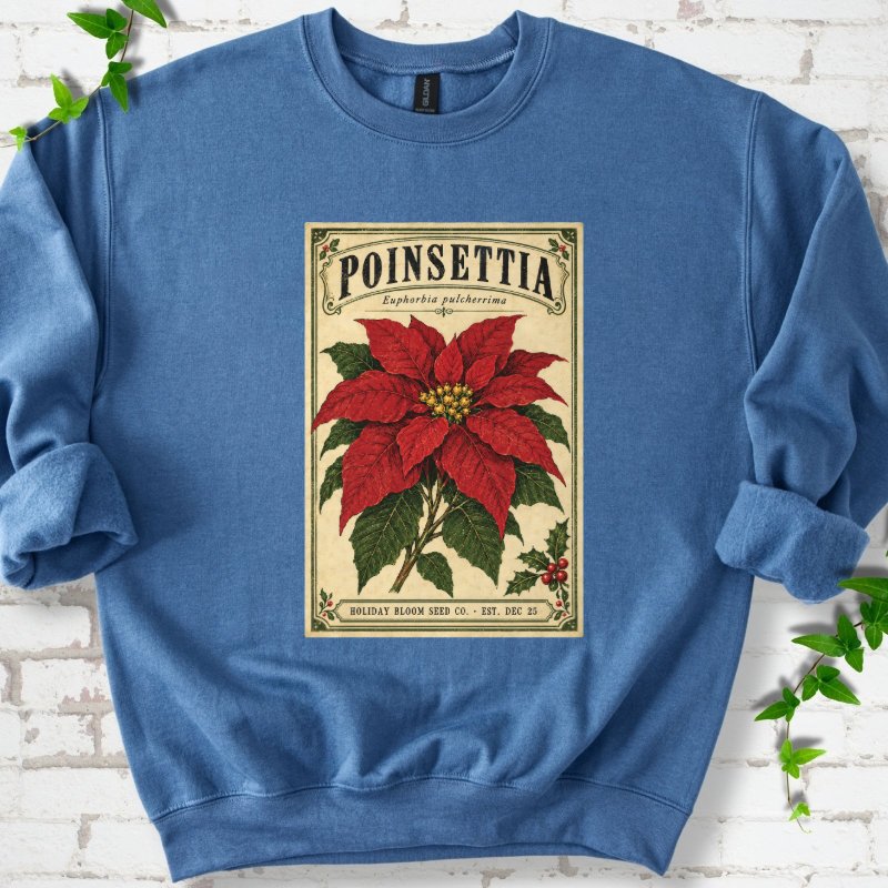 Vintage Poinsettia Seed Packet Sweatshirt in Indigo Blue – PlotlyGarden