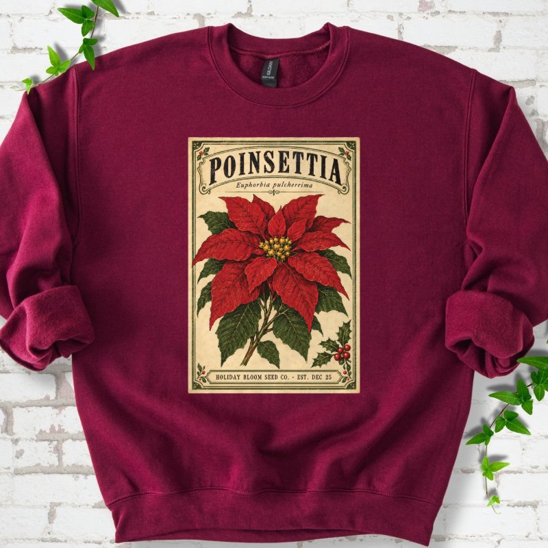 Vintage Poinsettia Seed Packet Sweatshirt in Maroon – PlotlyGarden
