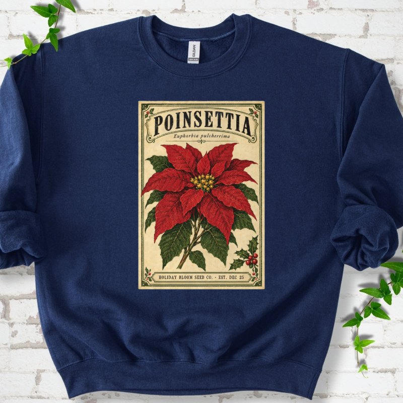 Vintage Poinsettia Seed Packet Sweatshirt in Navy – PlotlyGarden