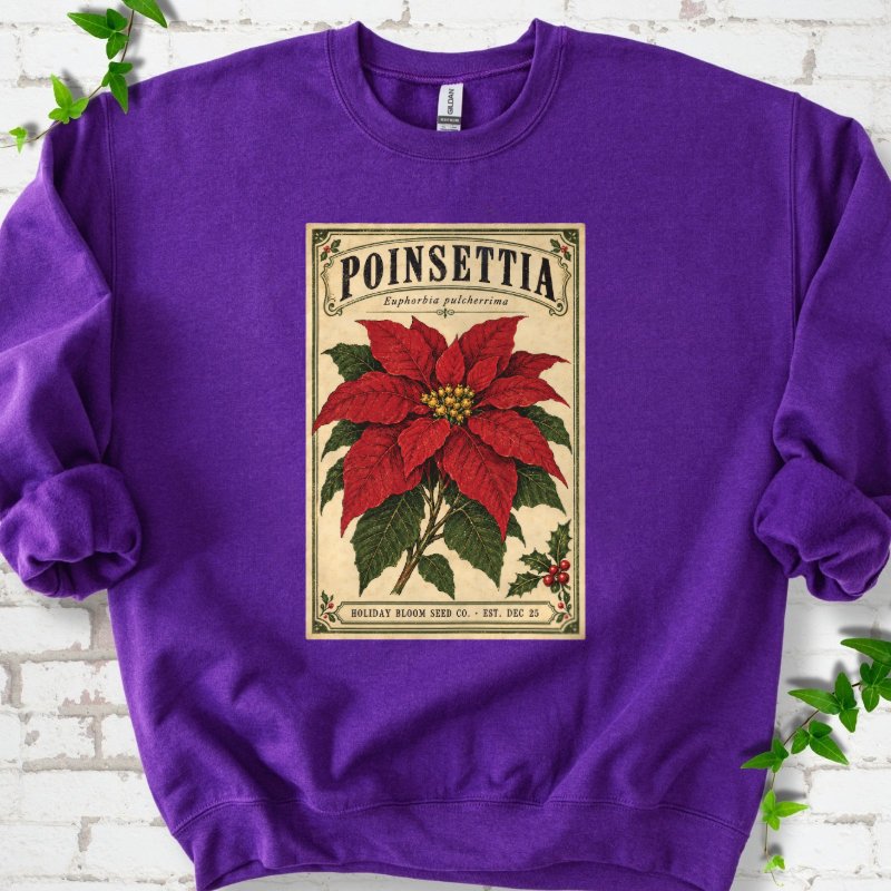Vintage Poinsettia Seed Packet Sweatshirt in Purple – PlotlyGarden