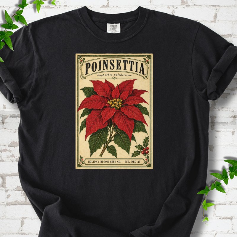 Vintage Poinsettia Seed Packet T-Shirt in Black – PlotlyGarden