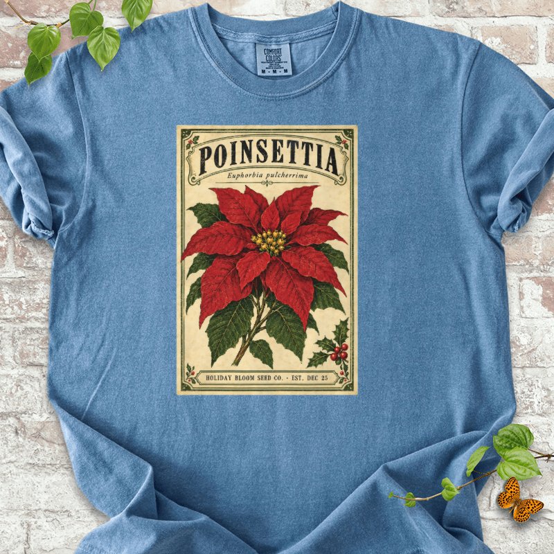 Vintage Poinsettia Seed Packet T-Shirt in Blue Jean – PlotlyGarden