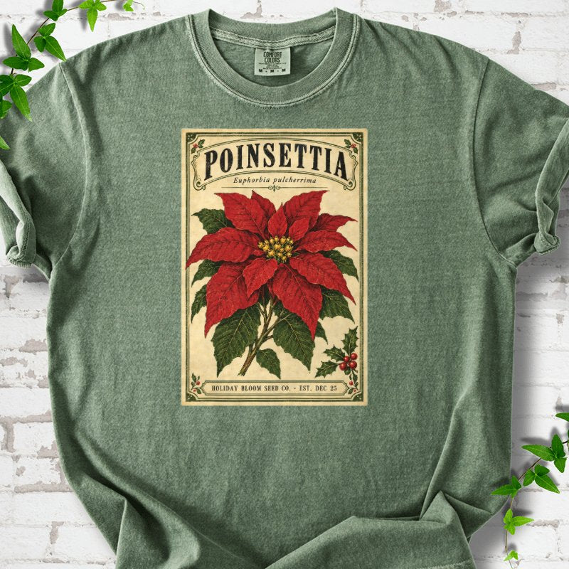 Vintage Poinsettia Seed Packet T-Shirt in Moss – PlotlyGarden