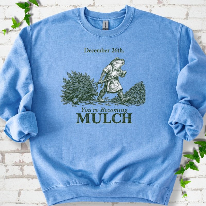 Walking Frog Turning Christmas Tree Into Mulch Sweatshirt in Carolina Blue – PlotlyGarden